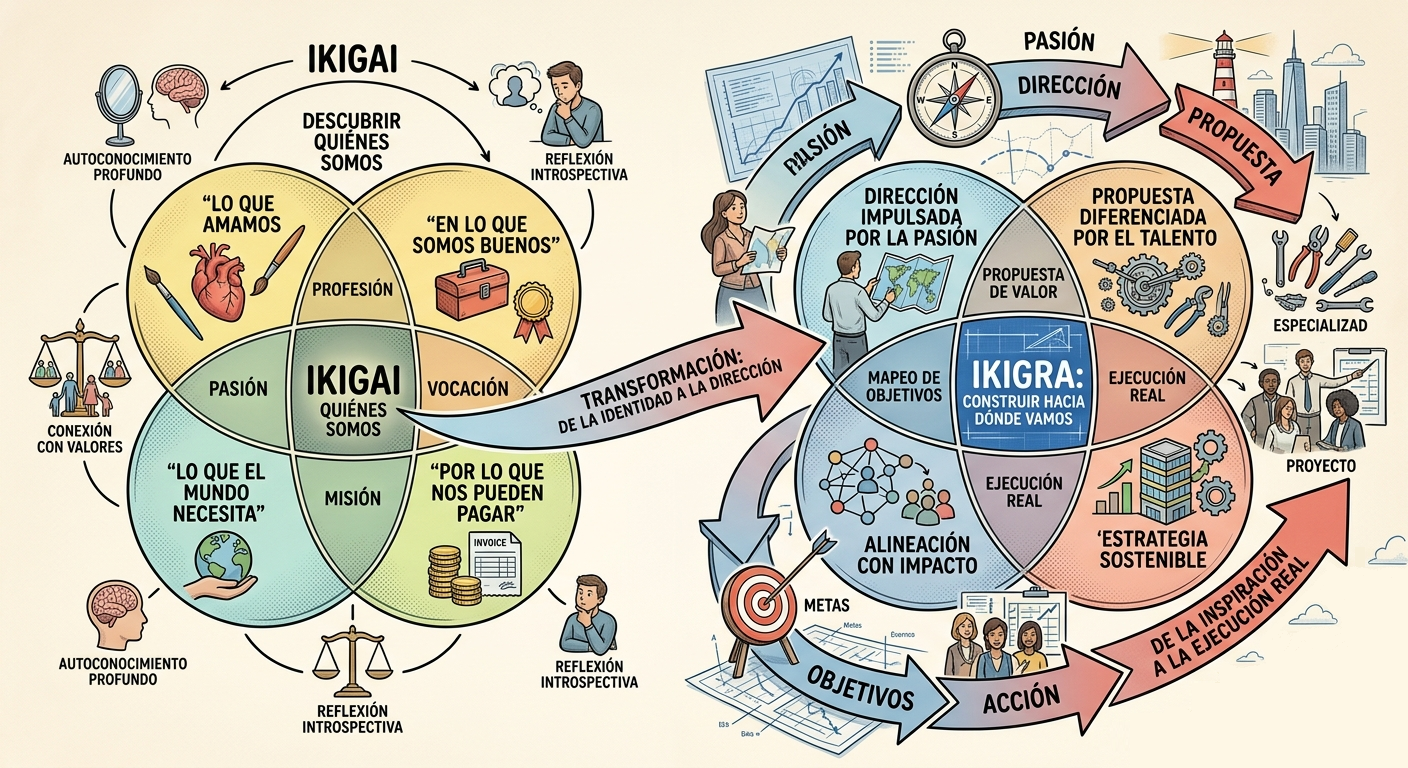 Diagrama evolución del Ikigai al Modelo PTO de IKIGRA