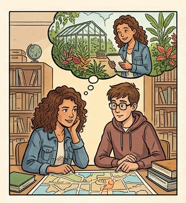 Ilustración de objetivos - brújula en estilo cómic franco-belga